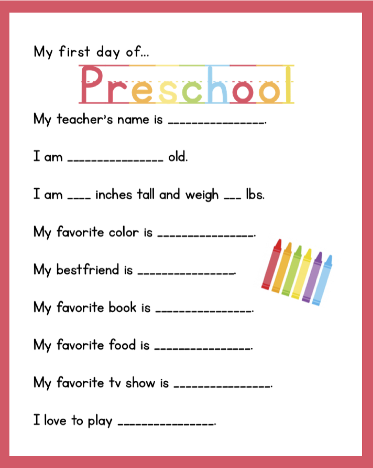 First Day Of Preschool Free Printables