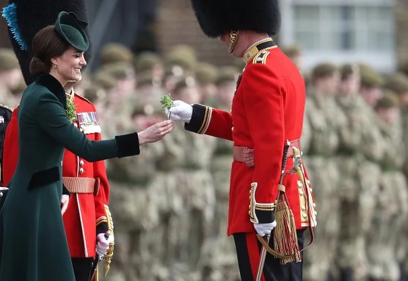 Prince William and Duchess Catherine attend Irish Guards St Patrick's Day.  Kate Middleton wore Catherine Walker Military coat for the Irish Guards ceremony