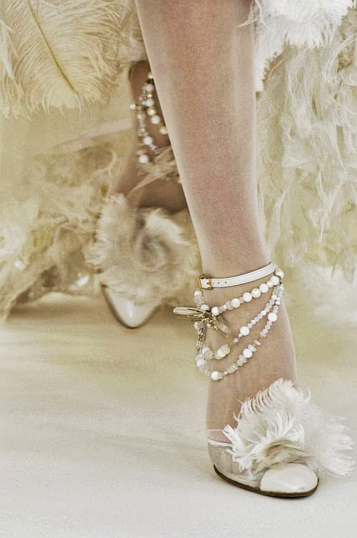 Chanel heels with feather and pearls, runway details