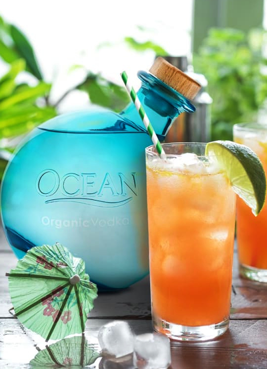 Ocean Organic Vodka in Blue Round Bottle Beach Home