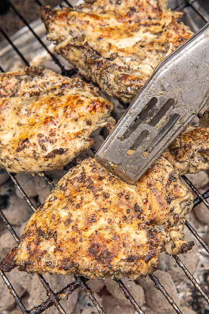 Rosemary Caesar Grilled Chicken - this chicken is on repeat in our house. SO good! Super easy to make - chicken marinated in creamy Caesar dressing, olive oil, Worcestershire, and rosemary - grill up for THE BEST chicken you'll ever eat! We make this at least once a week. Double up the recipe for leftovers! It is to-die-for delicious!! #grilling #chicken #grilledchicken #chickenrecipe chicken breast on a grill