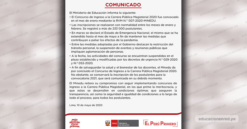 COMUNICADO MINEDU: Concurso de Ingreso a la Carrera Pública Magisterial 2020 (Nombramiento Docente) www.minedu.gob.pe