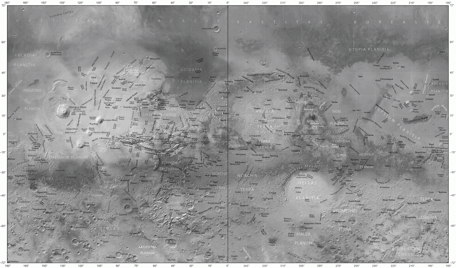 Map of Mars with toponyms