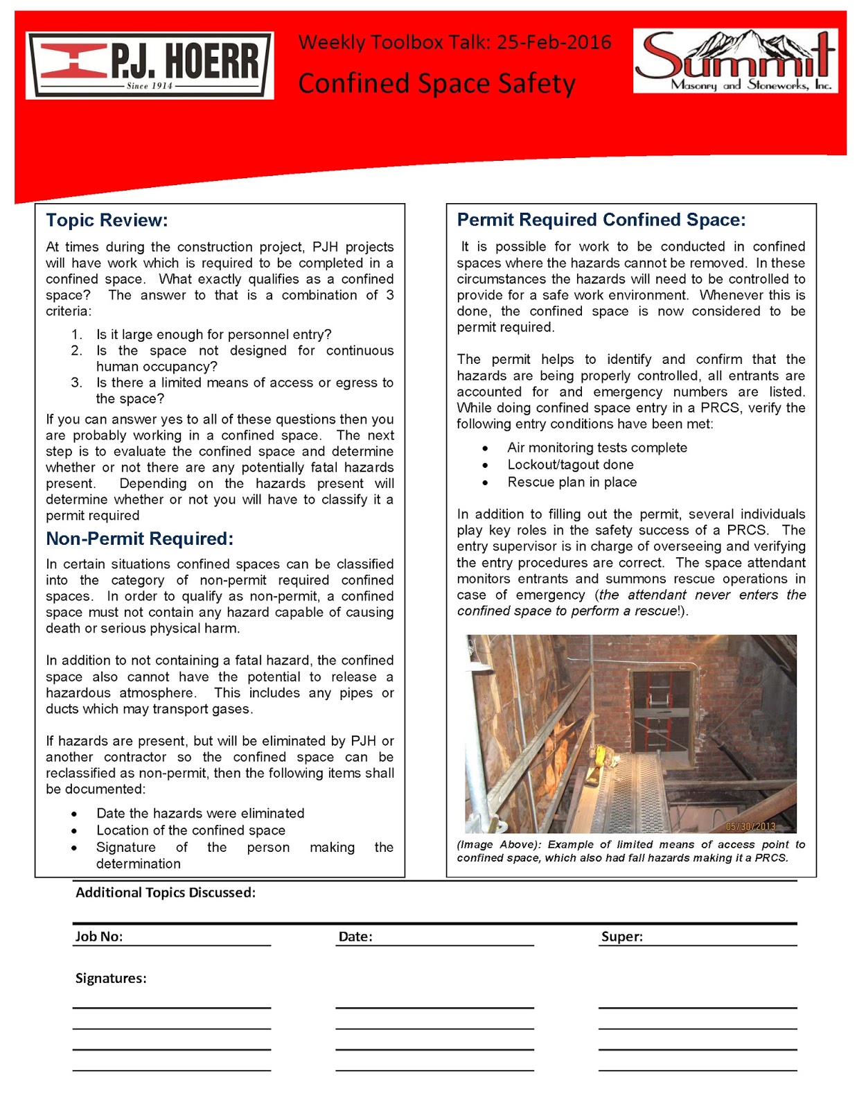 P.J. Hoerr, Inc. P.J. Hoerr & Summit Masonry Weekly Toolbox Talk