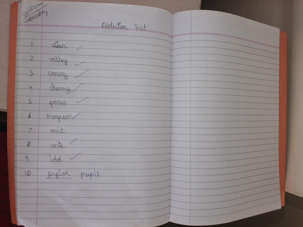 Symphonics workbook pg no.8,9 and notebook dictation test, Englishword