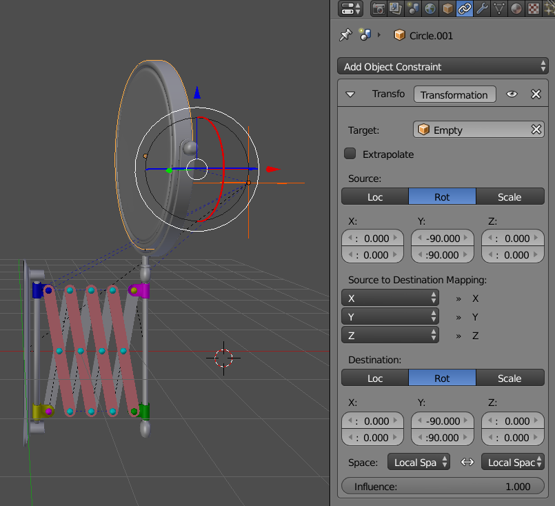 Blender 2.7 Constraints 剪刀式伸縮化妝鏡 2 用 Empty 物件控制化妝鏡的動作