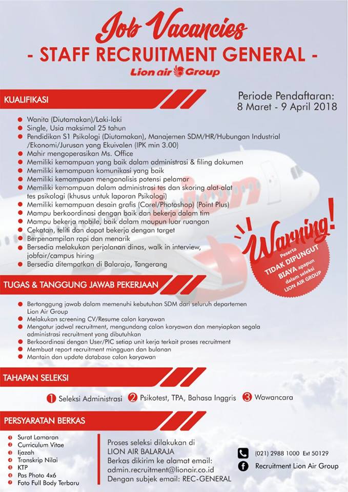 Pendaftaran Penerimaan Karyawan HRD Lion Air Group Periode