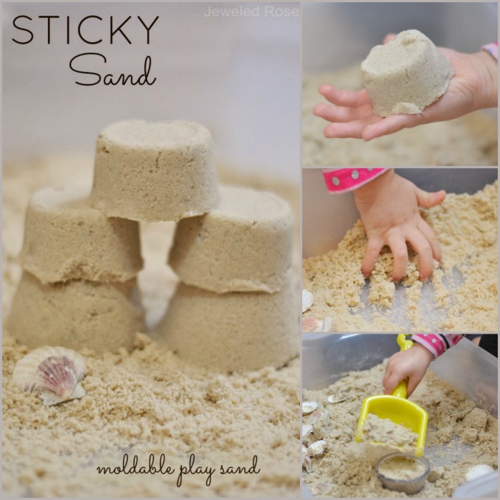STICKY SAND: Mold it, build it, & CONTAIN IT! This sand acts wet, but it isn't! It sticks together well, but it does not stick to skin. My kids love this stuff, and I love the less-messy alternative to traditional play sand!