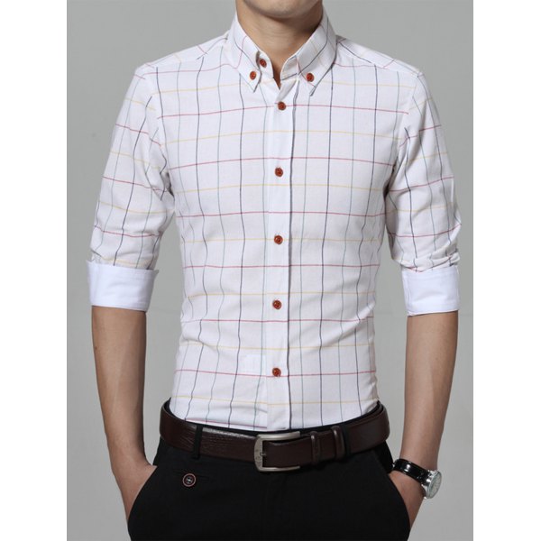 Color Block Stripe Plaid Button DownShirt - White 5xl