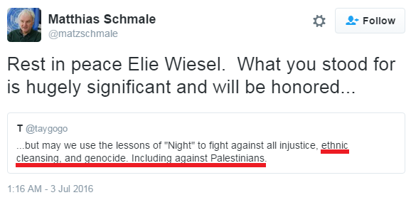 @UNRWA official, citing Elie Wiesel, seems to say Israel is performing genocide Schmale