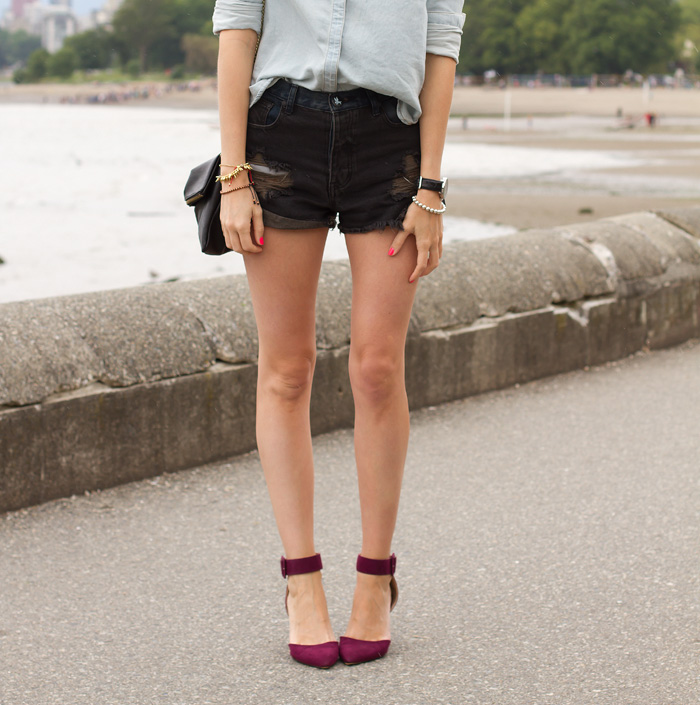 Vancouver Fashion Blogger, Alison Hutchinson, wearing One Teaspoon Hawks denim cut off shorts in black and blue, Urban Outfitters Chambray Top, Zara burgundy ankle strap pumps, Tiffany, La Dama and Pyrrha Necklaces, Stella & Dot and True Worth Design Bracelets, H&M black leather bag