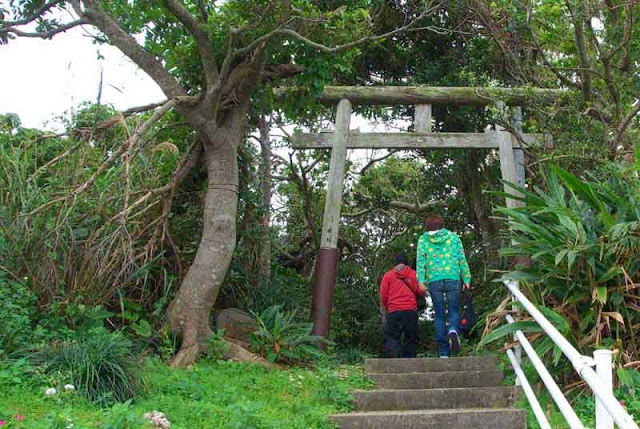 couple walking through a shrine gate