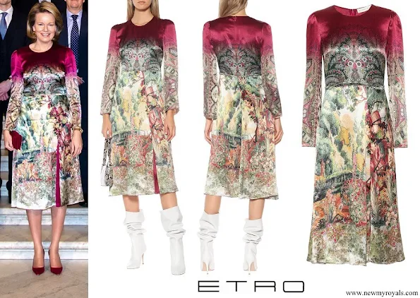 Queen Mathilde wore ETRO printed satin midi dress