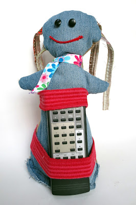 remote holder -- Rag doll repurposed from fabric scraps, denim and burlap