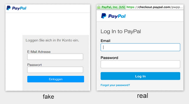 Figure 1. Fake paypal web page and URL (left) vs. real paypal web page and URL (right).