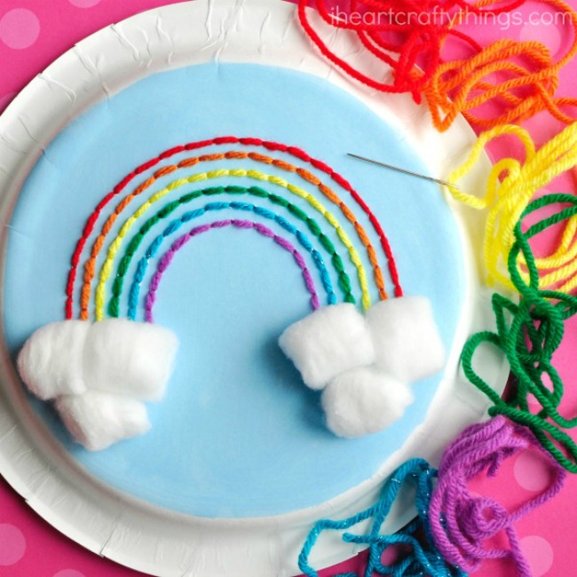 Rainbow craft ideas for kids - paper plate year art, easy sewing project