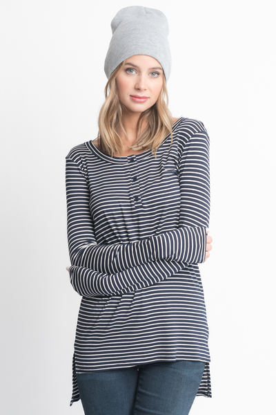 Shop for Navy Striped Long Sleeve Hi Lo Button Down Tunic Online on Caralase.com