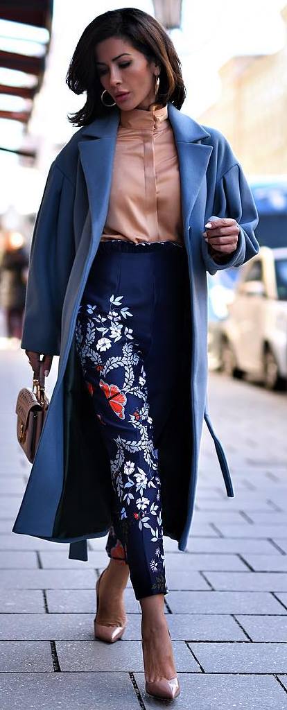 how to style embroidered jeans : blue coat + blouse + bag + nude heels