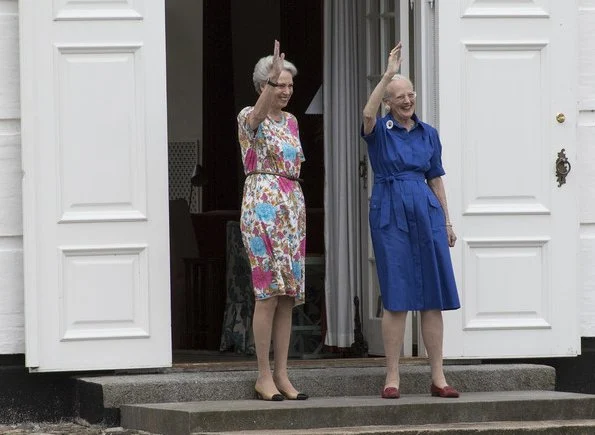 Queen Margrethe and Princess Benedikte attended ceremony of guard changing held at Grasten Palace. Princess Mary