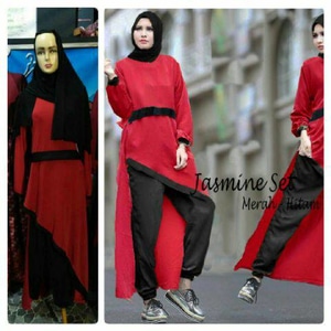 Gamis Syar'i Cantik Jasmine Set Merah Hitam - putrigamisshop Gamis-Syar'i-Cantik-Jasmine-Set Merah-Hitam