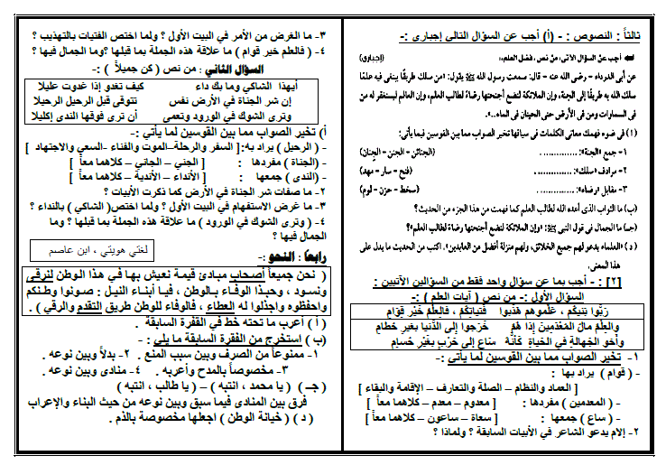نموذج امتحان اللغة العربية للصف الثالث الاعدادى الترم الأول 2024 أ. ابن عاصم 4