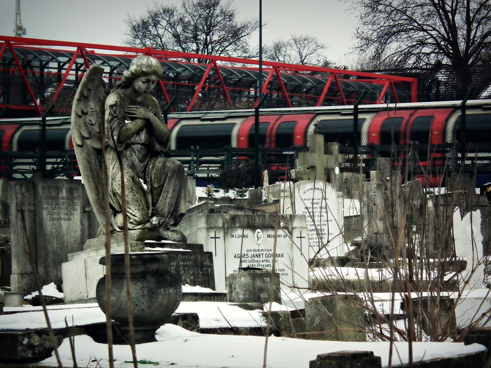 The London Dead Cemetery in the snow St Patrick's Catholic Cemetery