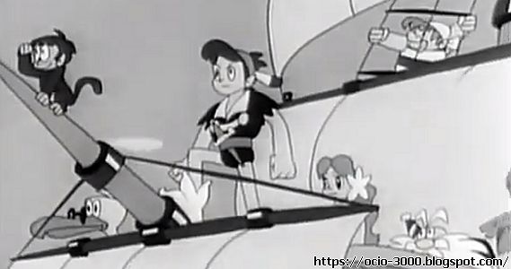 El príncipe pirata. Kaizoju Ouji. Dibujos animados de los 60. Acá está Kid, el monito, el albatros, el anciano clap, la niña perla, el chico brabucón y el pequeño subordinado de Kid.