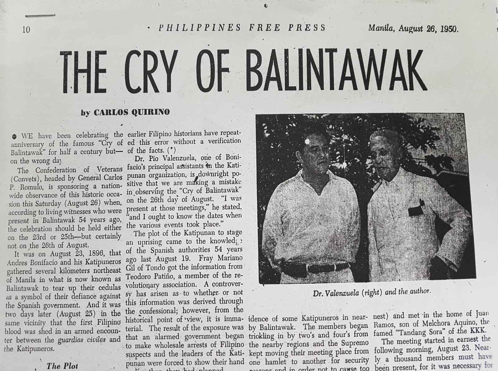 Pio Valenzuela 150 Artikulo The Cry of Balintawak (1950)