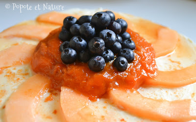 Cheesecake aux abricots confits, melon, myrtilles au chocolat blanc amande © Popote et Nature Cheesecake aux abricots confits, melon, myrtilles au chocolat blanc amande