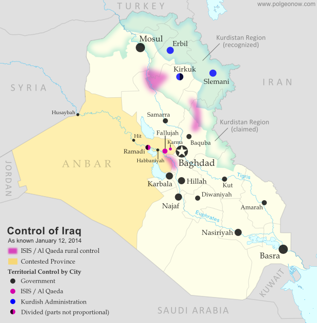 Map of territorial control in Iraq in January 2014, including cities and countryside held by Al Qaeda (ISIS) as well as areas administered by Kurdistan