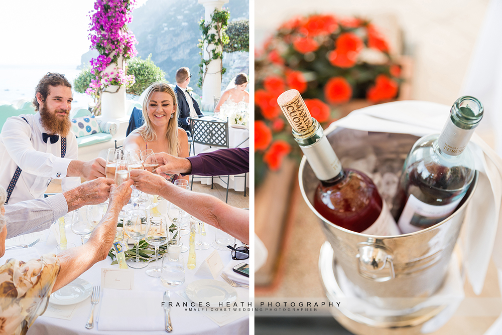 Wedding reception details cheers and wine bottles