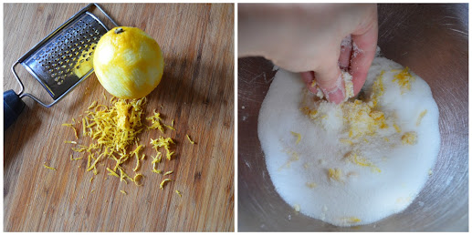 Lemon Zest being mixed with sugar.