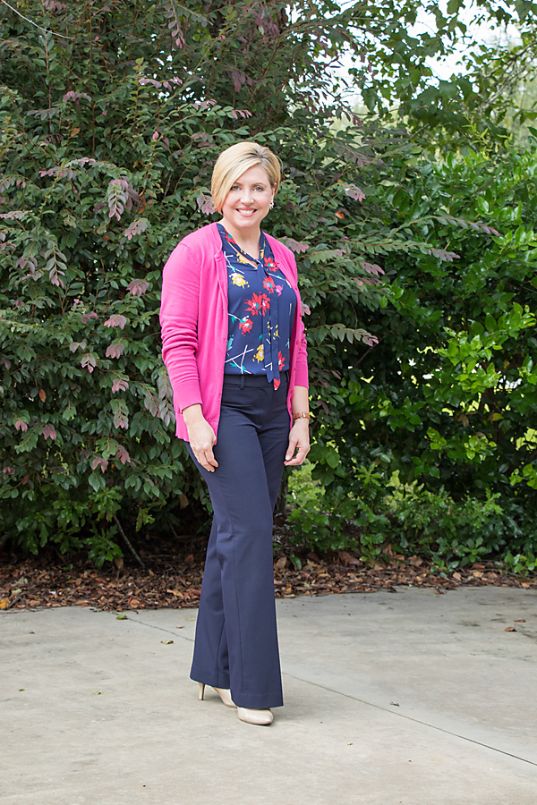 pink cardigan and floral top office outfit