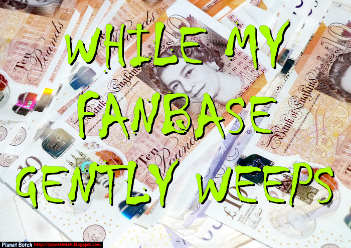 Graphic design displaying the words While My Fanbase Gently Weeps, with £10 and £20 cash notes as a backdrop