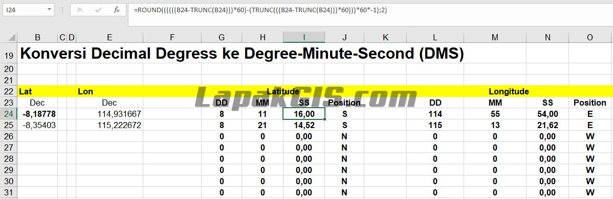 Cara Konversi Degree Minute Second (DMS) ke Decimal Degress (DD) - Sebaliknya format Excel