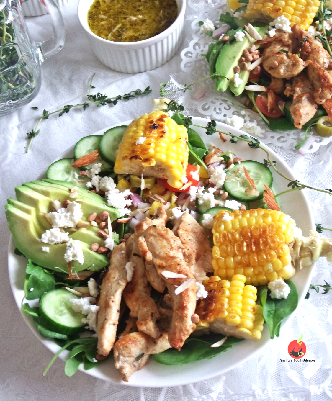 Grilled Chicken, Corn & Avocado Salad with Chironjee, Feta & Orange