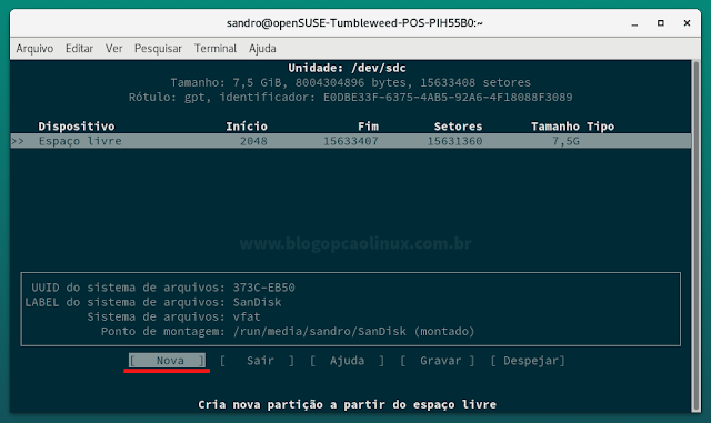 Criando uma nova partição no dispositivo