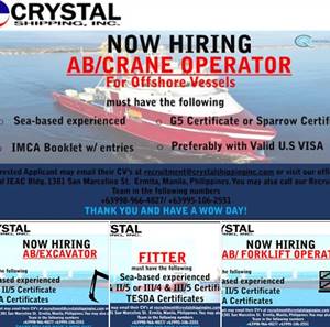 Seaman job hiring Able Seaman, Crane Operator, Fitter For Offshore Vessel