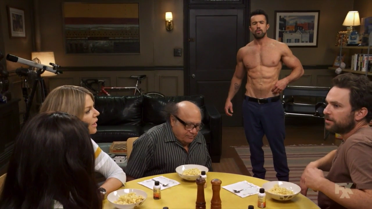 Rob McElhenney shirtless in Its Always Sunny In Philadelphia, Season 13, Ep...