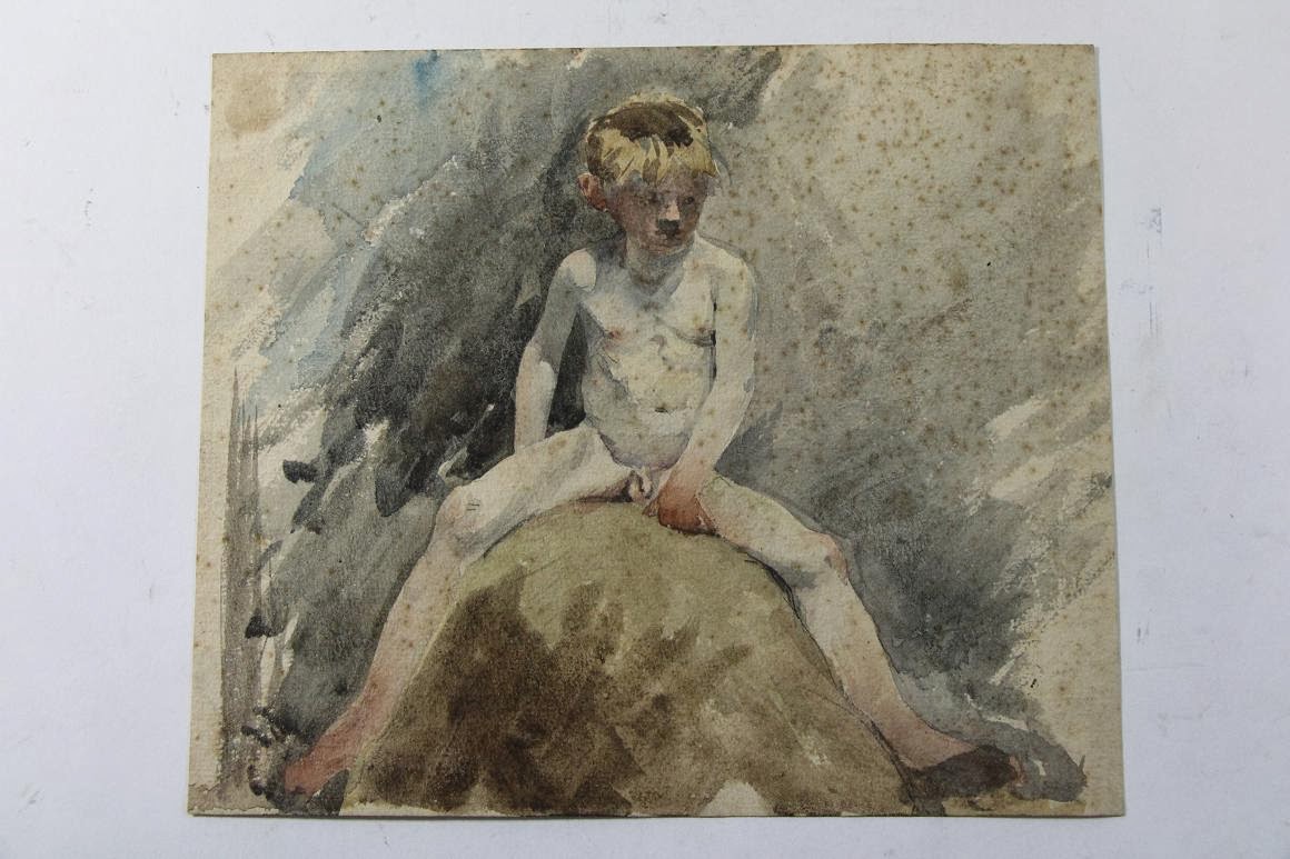 Unknown Artist - Unknown German School: Nude Boy Sitting On A Rock - Circa ...