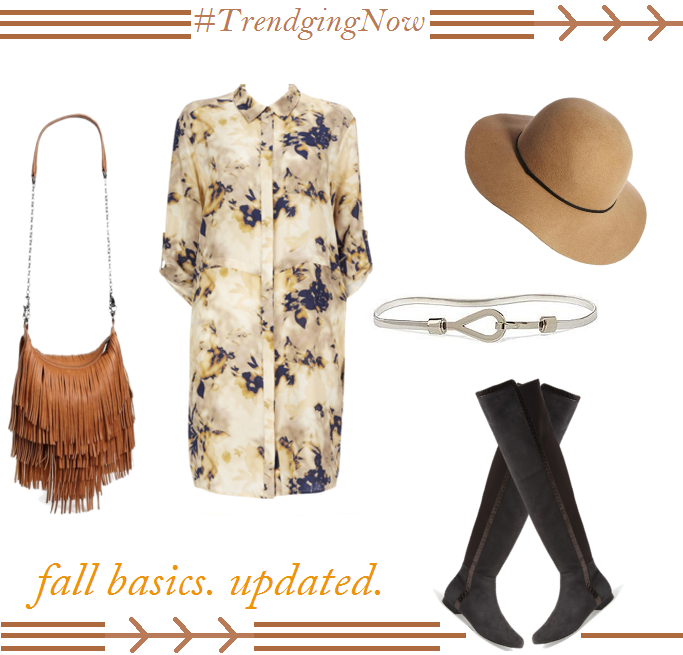Fall Outfit Ideas, Over The Knee Boots With Dresses, Floral Shirt Dress, Fringe Bags, Fringe Bag crossbody, Felt Fedora, Wool Fedora