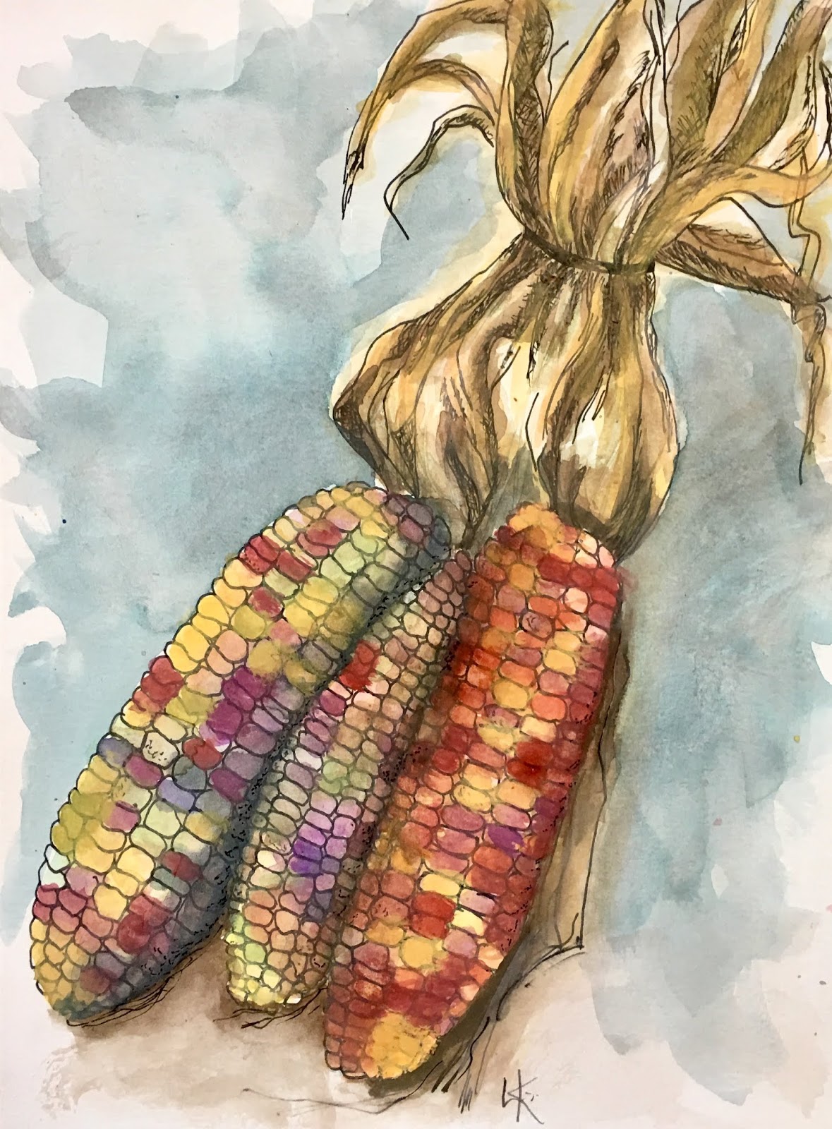 Art Room Britt Indian Corn Pen and Watercolor Illustrations