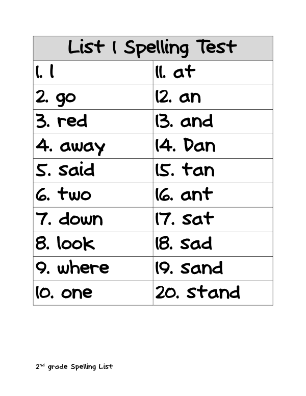 Spelling Words For 2nd Graders