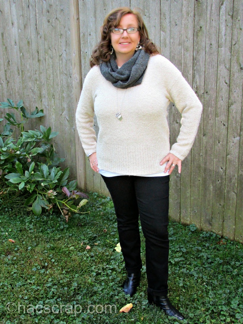 MidLife Mom Style - Boucle Pullover and Scarf with Black Skinnies