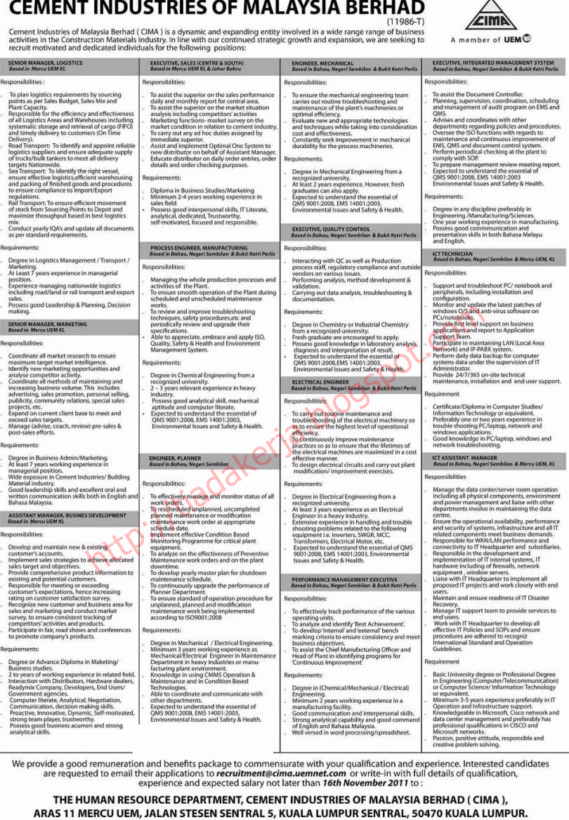 Jobs Malaysia 2020 2021 Jawatan Kosong Cement Industries Of Malaysia