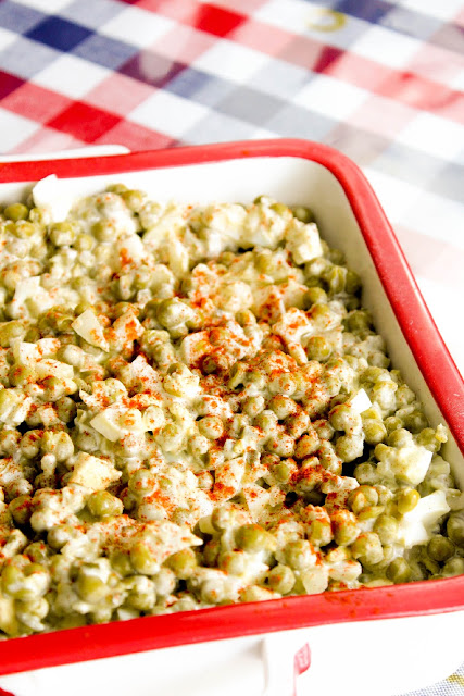 Old School, Pea Salad, a classic salad made with simple ingredients, crunchy pieces of onion, chopped dill pickles, and boiled eggs with a coating of mayonnaise.  An easy summer salad perfect for potlucks and gatherings.   