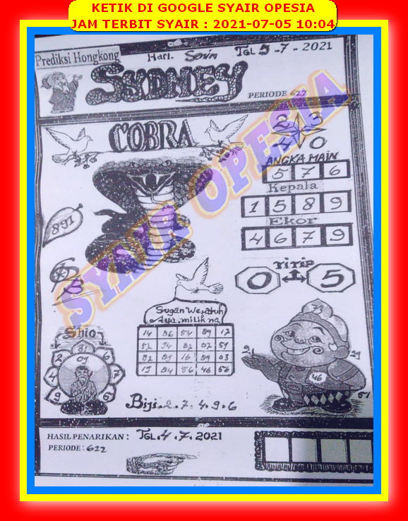 19 Syair opesia sdy 5 juli 2021 16 Desember