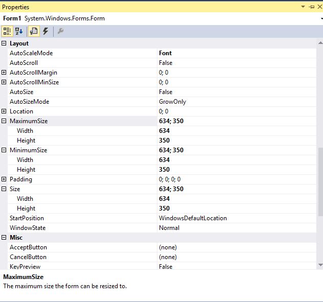 Visual Studio Windows Form Size