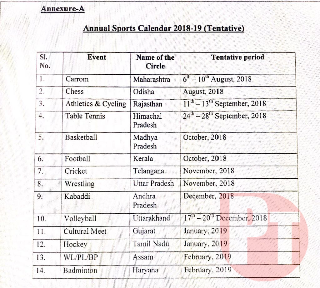 Annual Sports Calendar 201819 India Posts' Retired Officers' Association