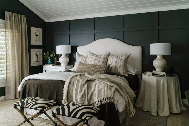 Benjamin Moore Iron Mountain black paint in beautiful bedroom designed by Sherry Hart of Design Indulgence for ORC.